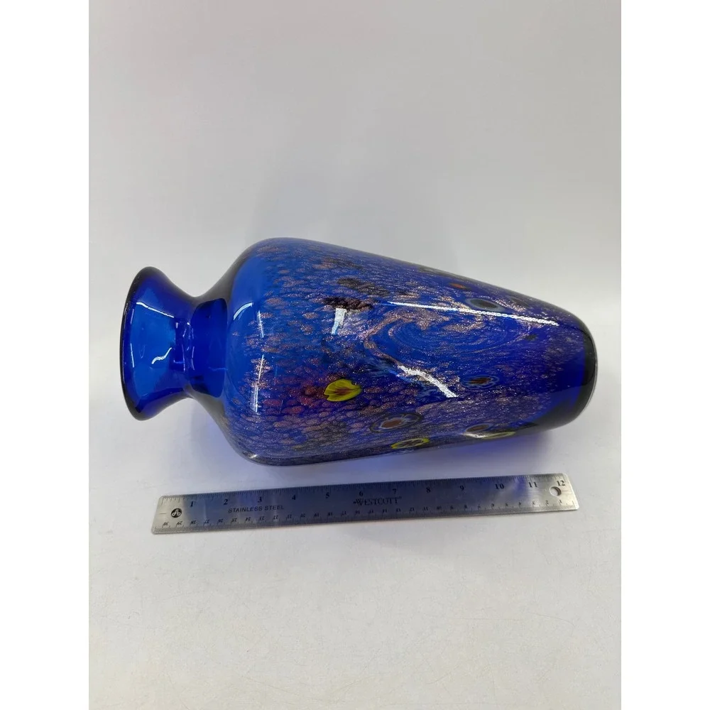 Blown Glass Art Glass Vase Cobalt‎ Blue Millefiori Copper Aventurine 10 Inch